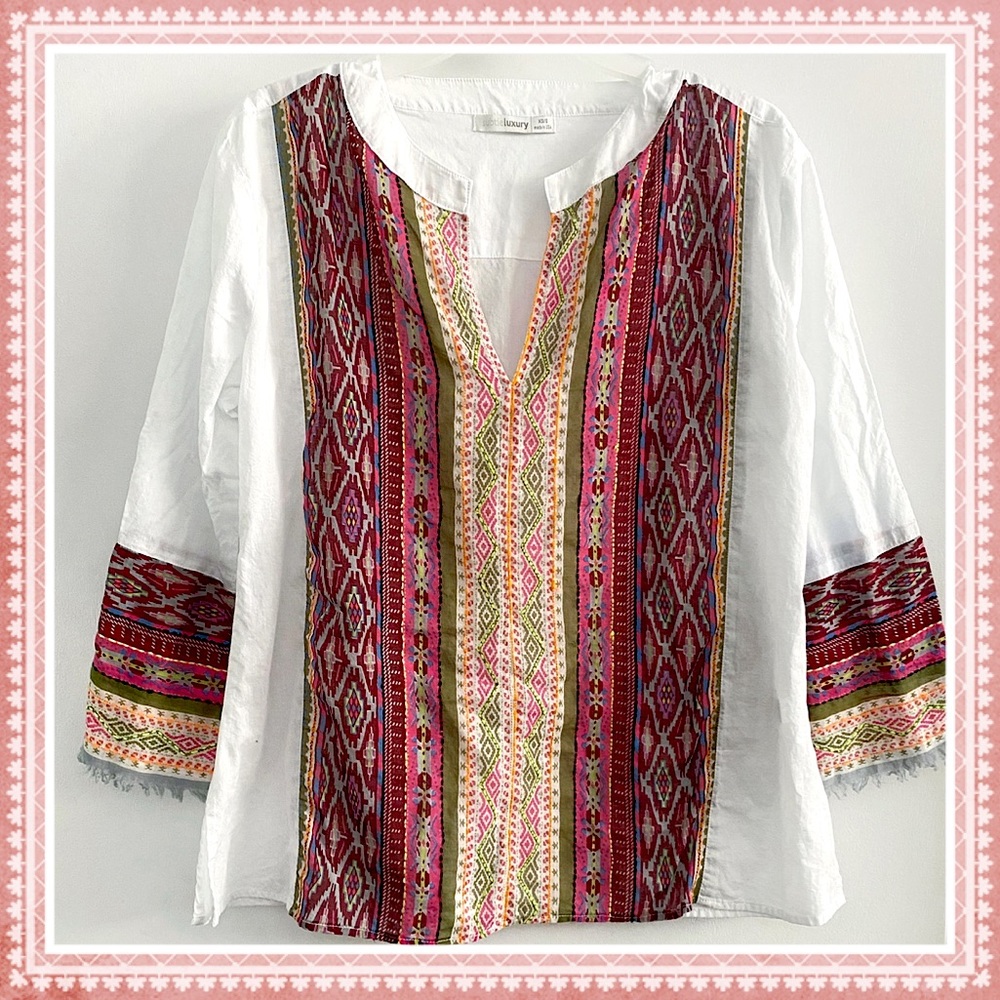 Subtle Luxury 100% sheer cotton beachy boho blouse, white pink